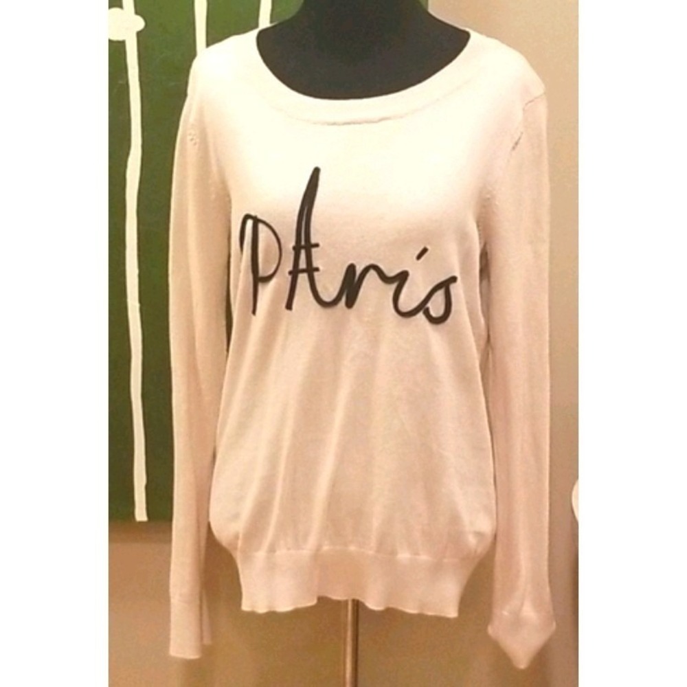 LOFT Paris Graphic Sweater Ivory Knit French Girl Chic Pullover Size L